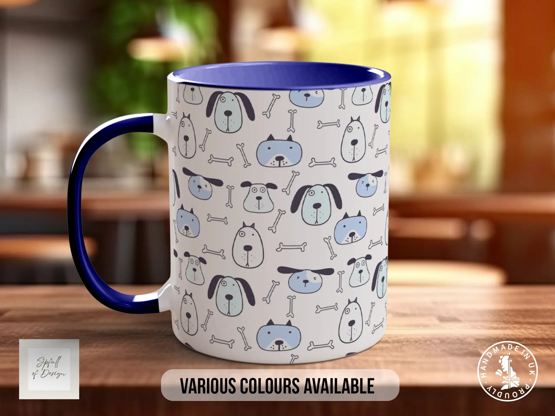 A white mug with a blue rim, featuring a repeating pattern of cartoon dog faces and bones on its surface.