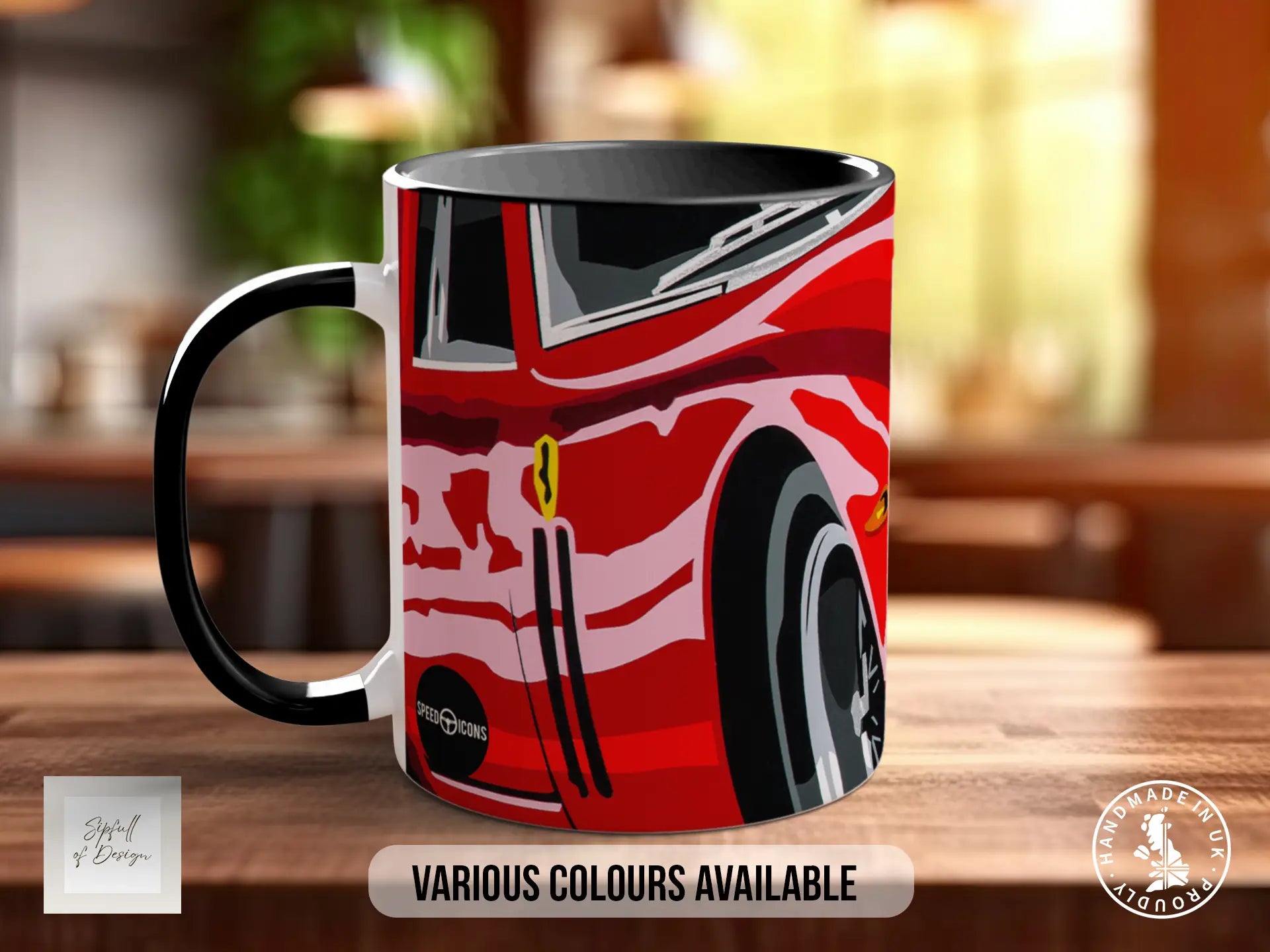 A red and black mug with a graphic design of a car on it, sitting on a wooden surface.