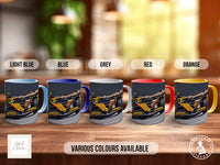 five colorful mugs with different designs, including a racing car, displayed on a wooden surface.