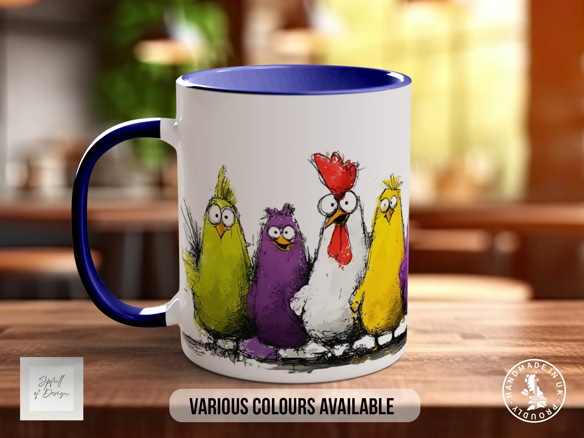 A white mug with a blue rim, featuring a colorful illustration of five cartoon-style birds in various colors.