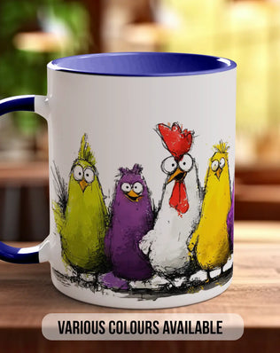 A white mug with a blue rim, featuring a colorful illustration of five cartoon-style birds in various colors.