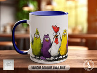 A white mug with a blue rim, featuring a colorful illustration of five cartoon-style birds in various colors.