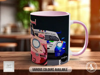 A mug with a racing car design on it, featuring various colors available.