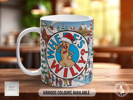 A mug with a colorful design featuring a cartoon character wearing a Santa hat and sunglasses, along with various holiday-themed elements such as snowmen, reindeer, and Christmas trees.
