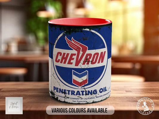 a can of Chevron Penetrating Oil, with a focus on the product's branding and color options.
