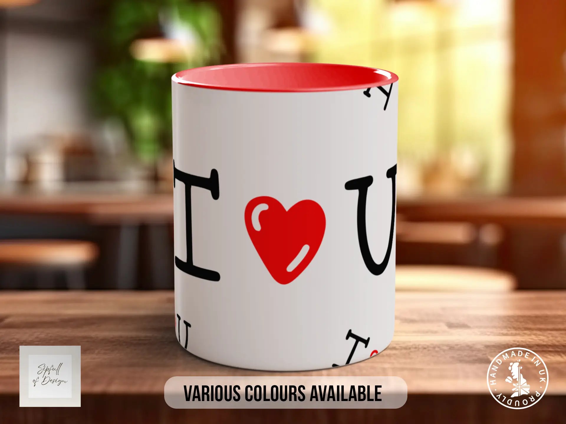 A white mug with a red interior, featuring the phrase "I [heart symbol] U" printed on it.
