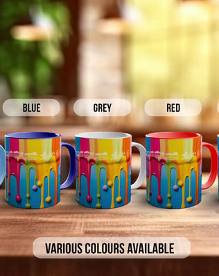 a row of colorful mugs with a variety of colors available, including light blue, blue, grey, red, and orange.