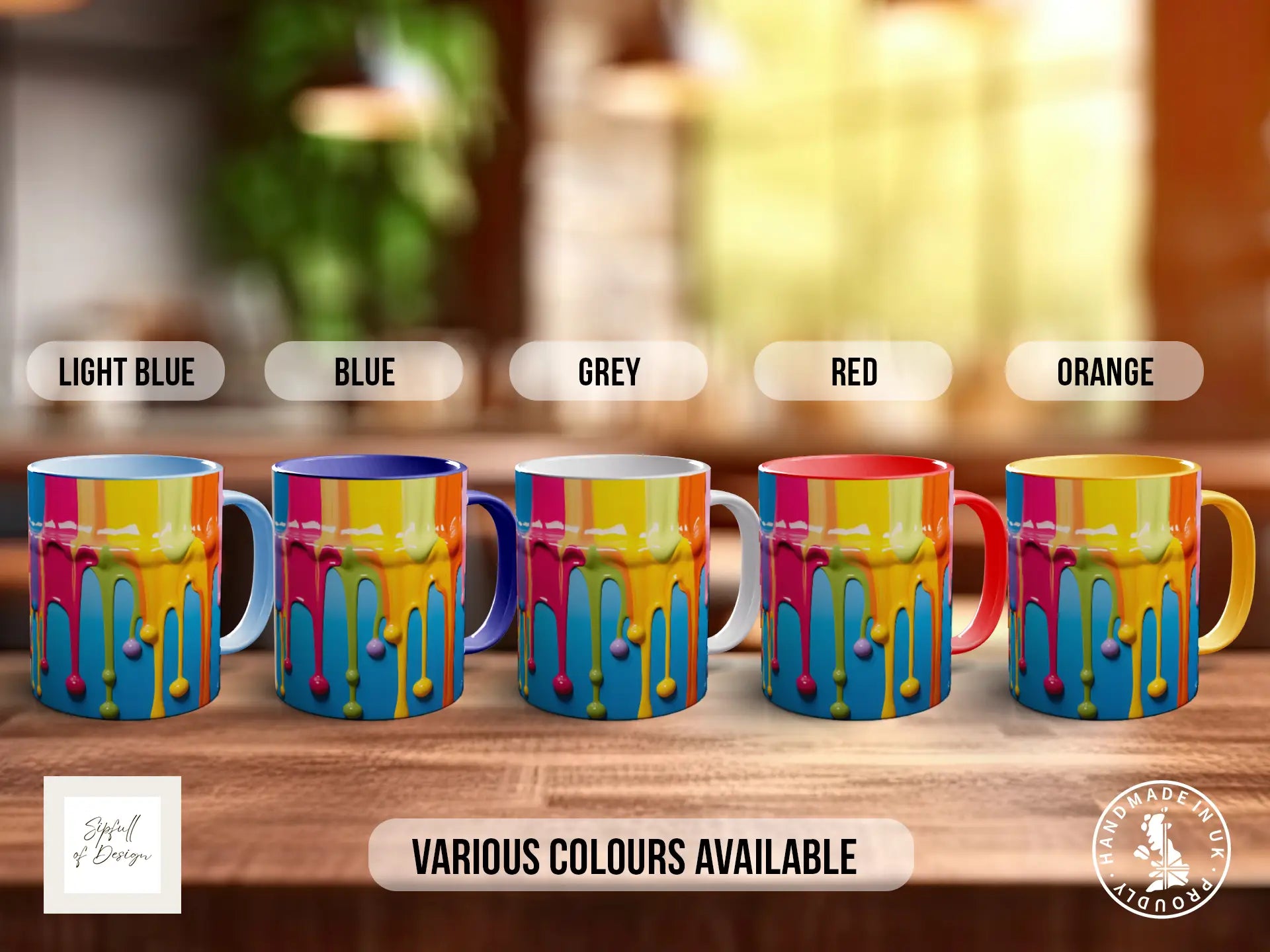 a row of colorful mugs with a variety of colors available, including light blue, blue, grey, red, and orange.
