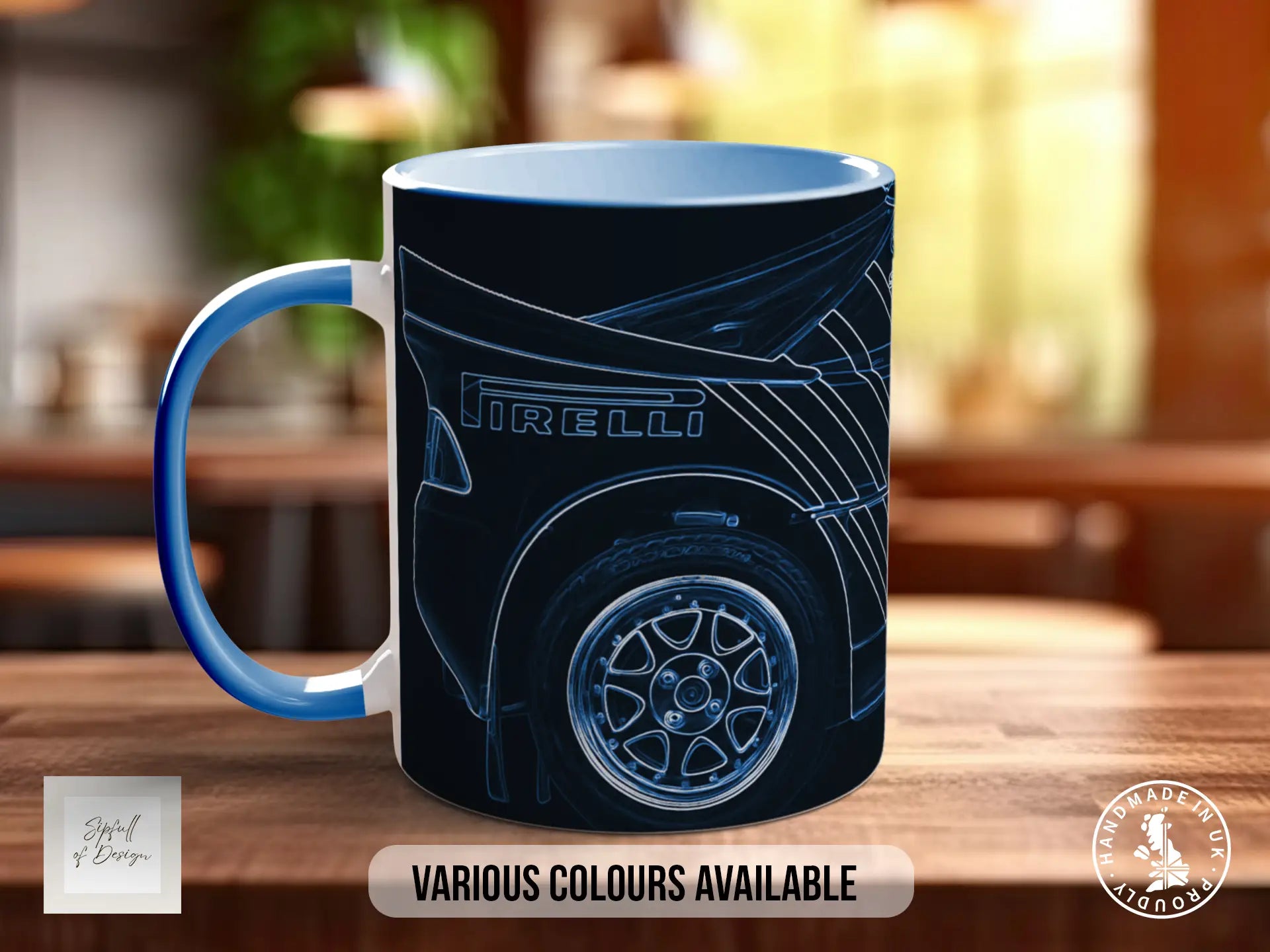 A black and blue mug with a graphic of a car on it, placed on a wooden surface.