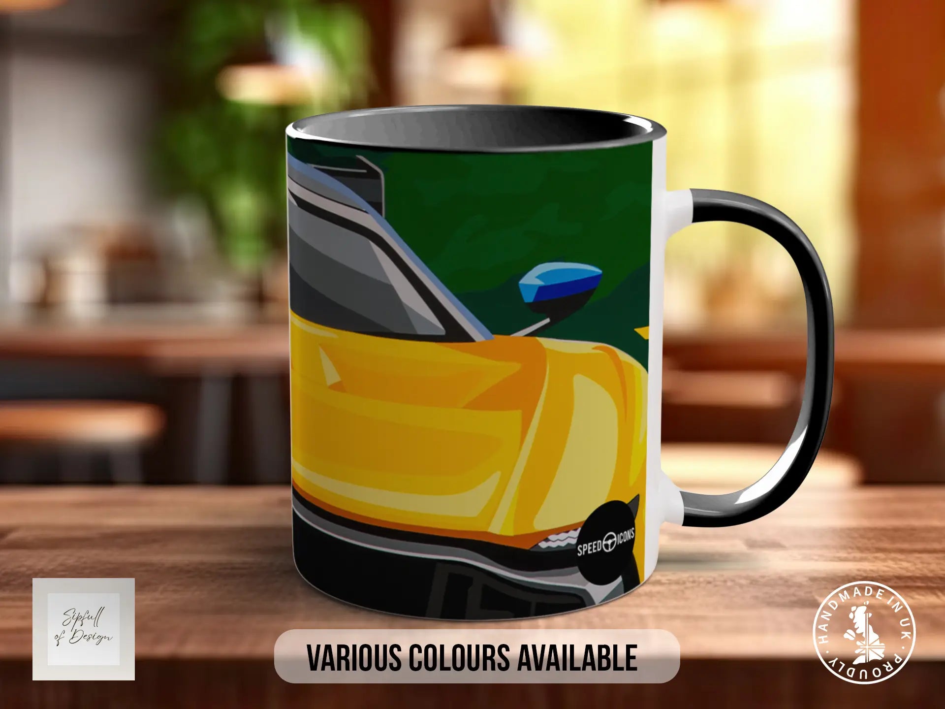 A black and yellow mug with a graphic design depicting a yellow car on a green background.