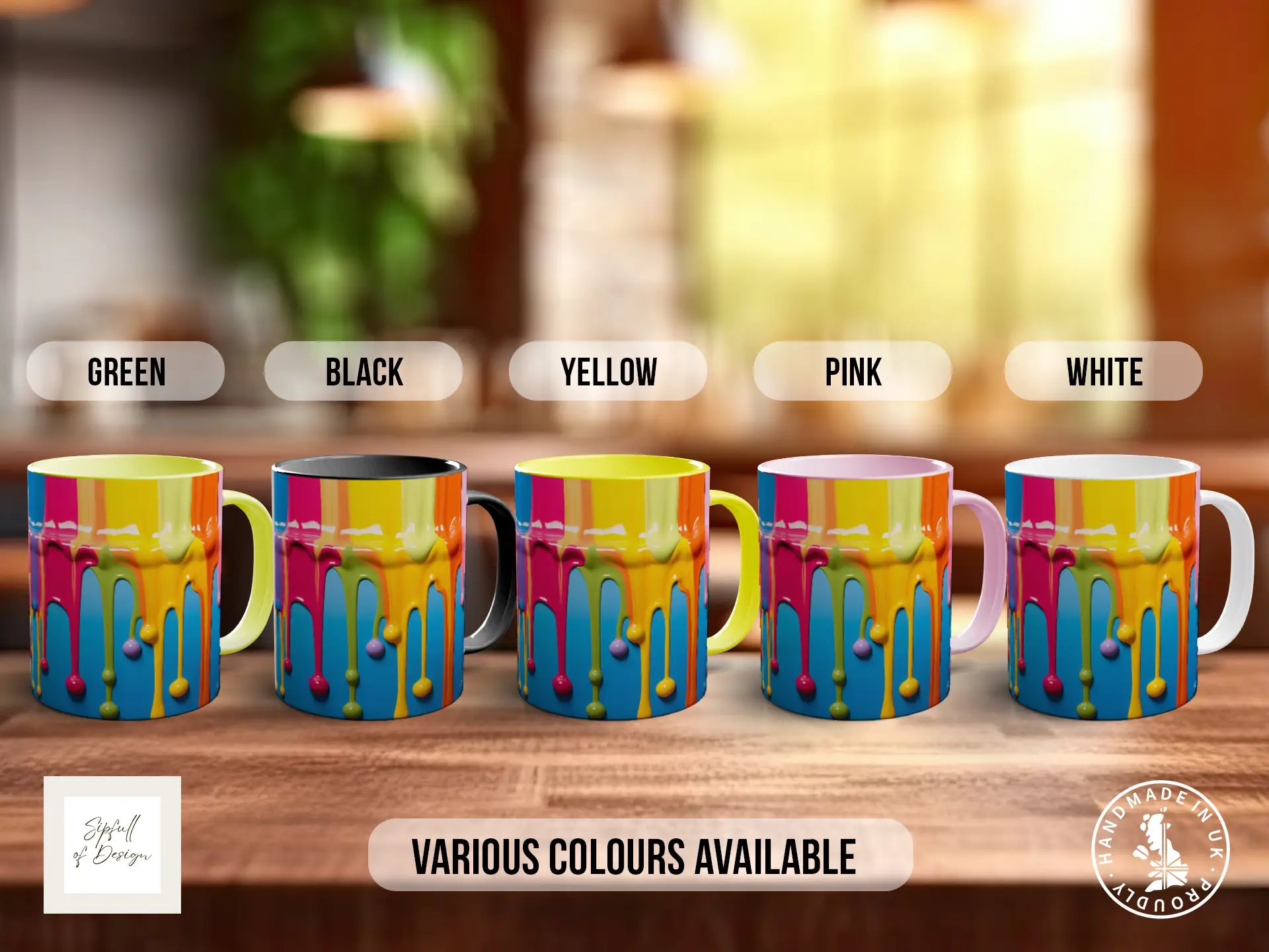 a collection of colorful mugs arranged on a wooden surface, with the text "Various colors available" indicating that the mugs come in different colors.