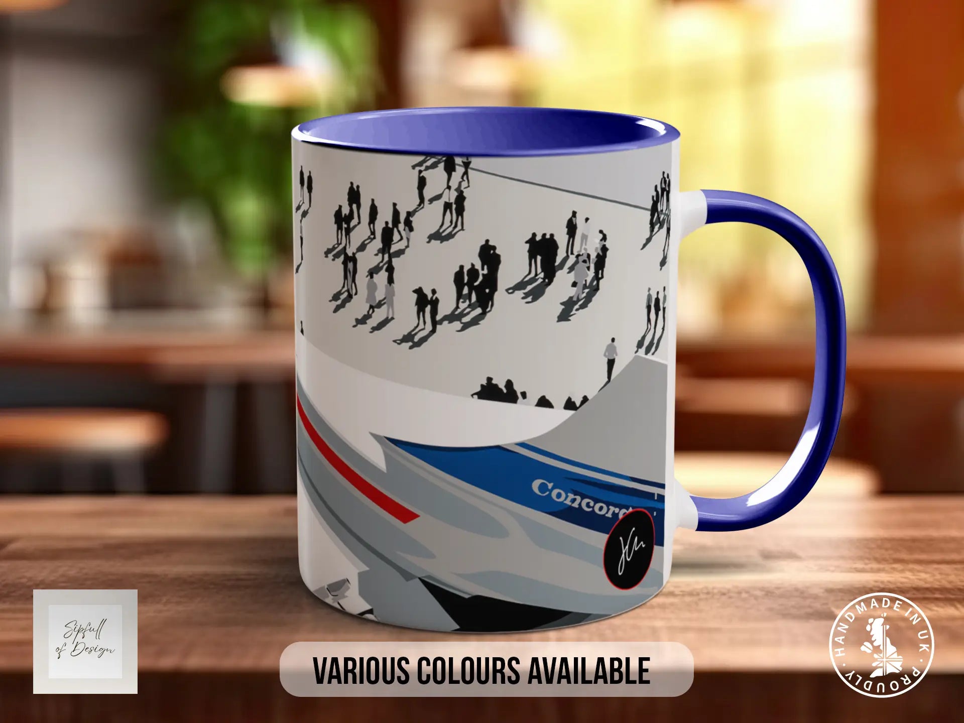 A mug with a design featuring silhouettes of people skiing on a snowy slope, along with the text "Various Colours Available" and "Handmade in UK".