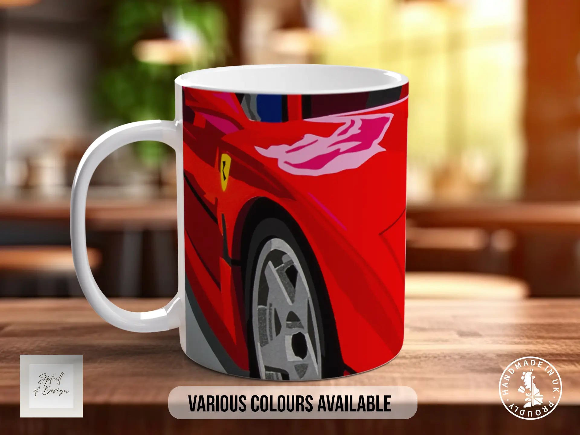 A white ceramic mug with a red and yellow car design on it, placed on a wooden surface.
