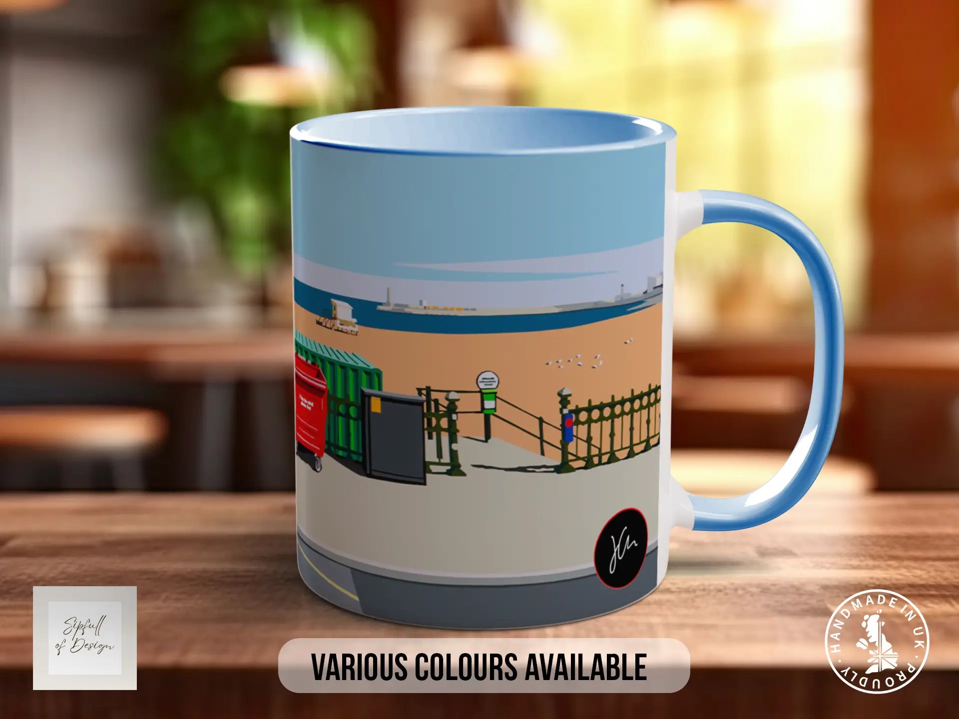 A blue and white mug with an illustration of a beach scene, featuring a red boat, a green shed, and a yellow sign.