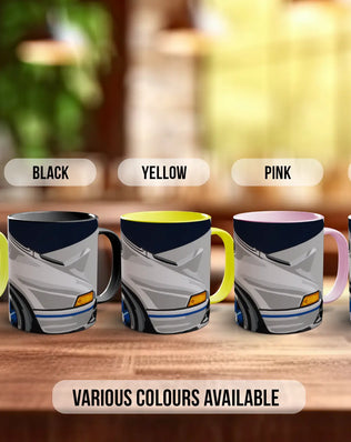 a collection of five mugs with different color options, arranged on a wooden surface.