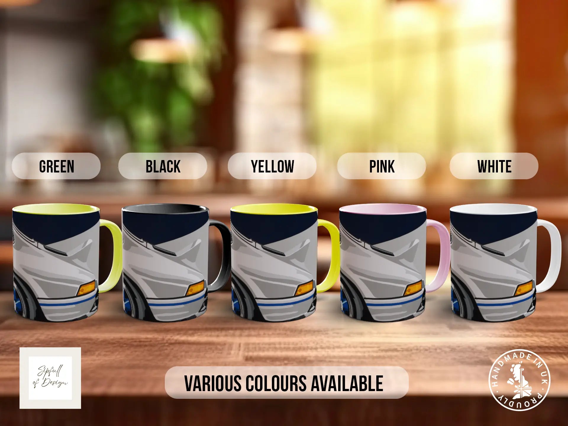 a collection of five mugs with different color options, arranged on a wooden surface.