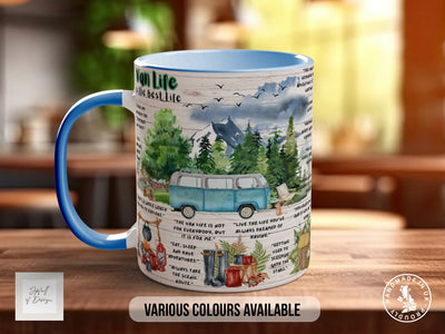 A mug with a colorful design featuring a van, trees, and various text elements.