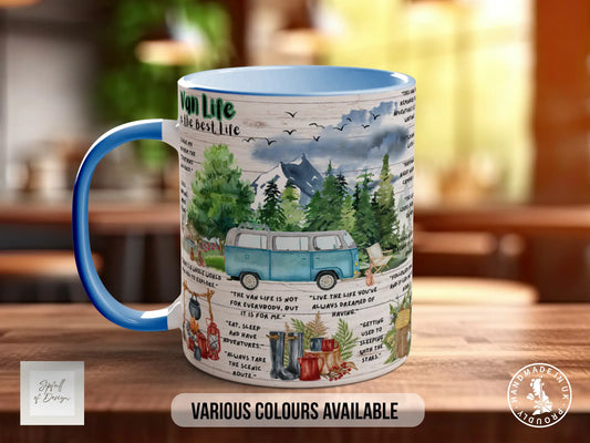 A mug with a colorful design featuring a van, trees, and various text elements.