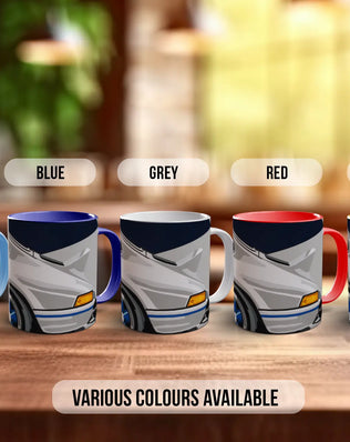 a collection of five mugs with different color options, arranged on a wooden surface.