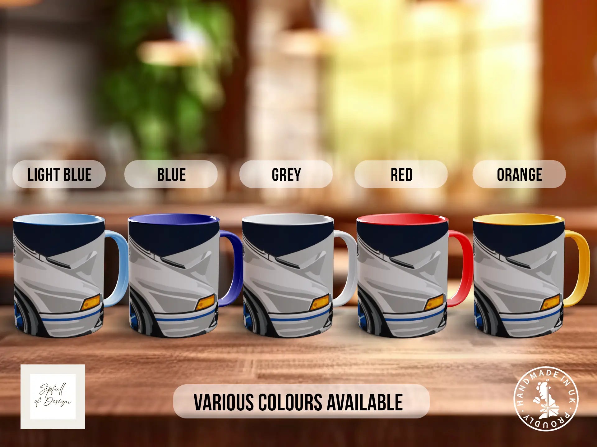 a collection of five mugs with different color options, arranged on a wooden surface.