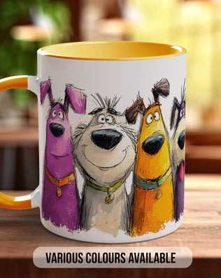 A mug featuring a colorful illustration of cartoon dogs in various colors, including purple, yellow, and orange.