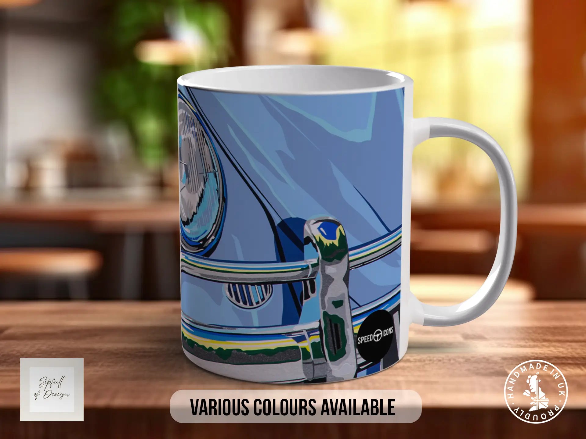 A white ceramic mug with a colorful illustration of a car on it, placed on a wooden surface.