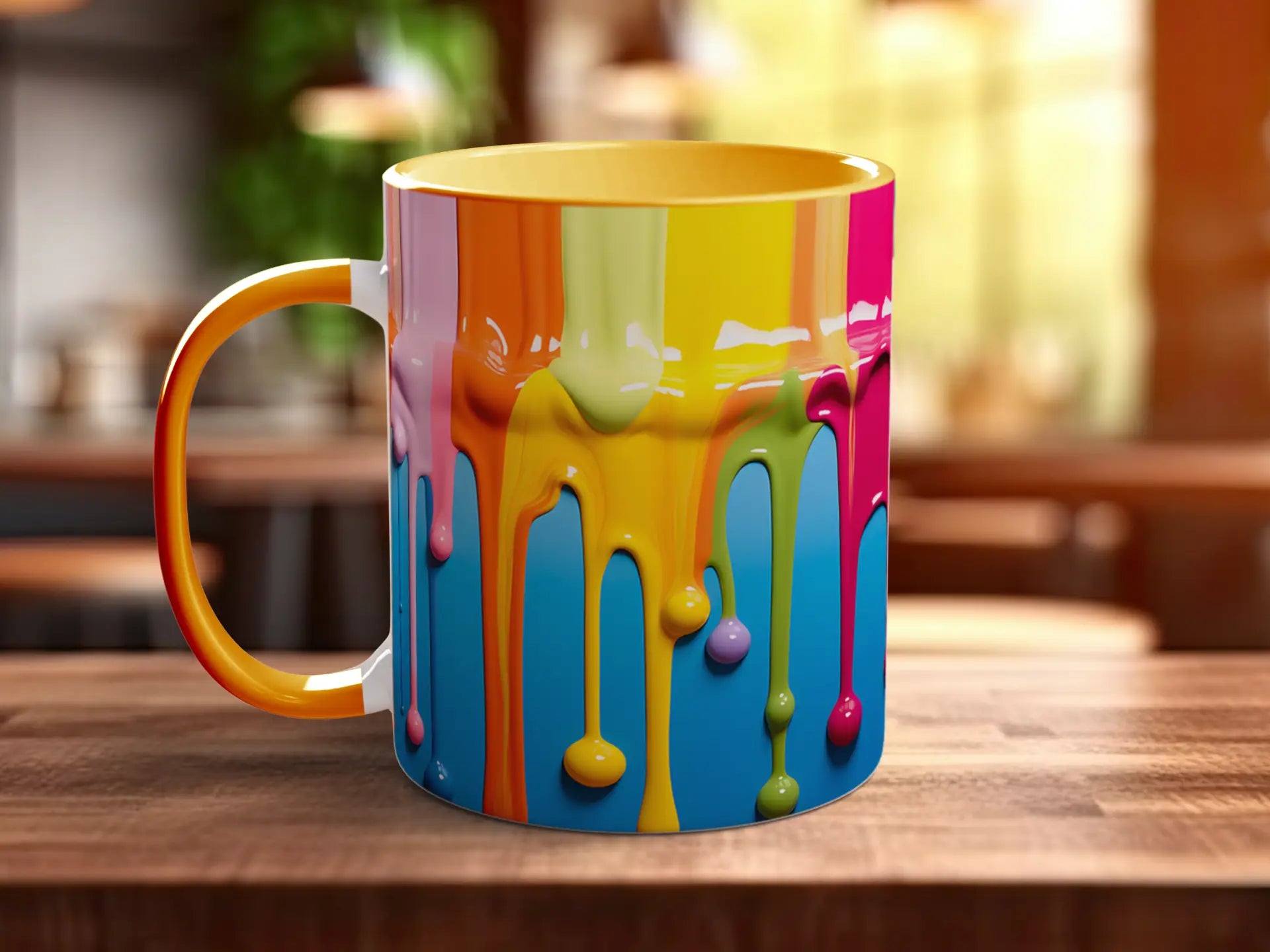 A colorful coffee mug with a dripping paint design, sitting on a wooden surface.