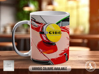 A white ceramic mug with a red and yellow design featuring a car and the word "CIBEI" printed on it.