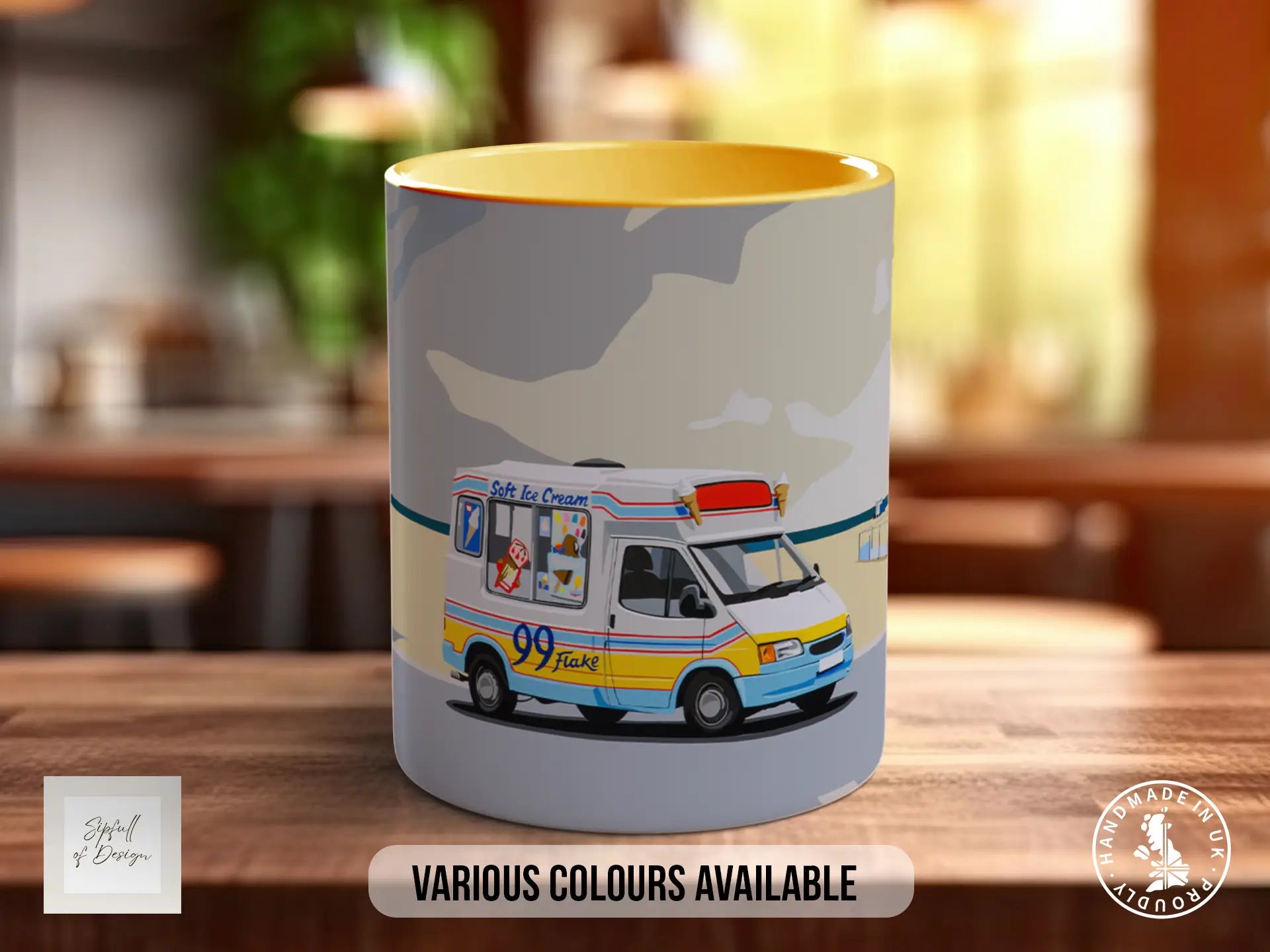 A mug with an illustration of an ice cream truck on it, placed on a wooden surface.