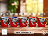 five red mugs with different color designs, arranged on a wooden surface.
