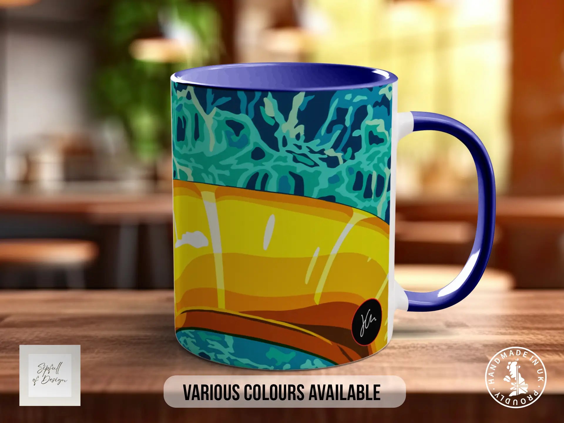 A colorful mug with a vibrant design, placed on a wooden surface.