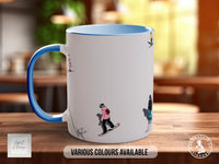 A white mug with a blue handle, featuring various illustrations of people engaged in different activities, such as skiing and snowboarding.