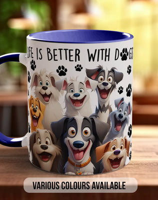 A mug featuring a collage of cartoon dog characters with the text "Life is better with dogs" printed on it.