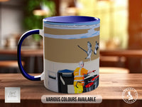 A mug with a colorful illustration depicting a person in a yellow jacket and a bird on a beach.