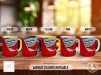 a row of five red mugs with different colored lids, arranged on a wooden surface.