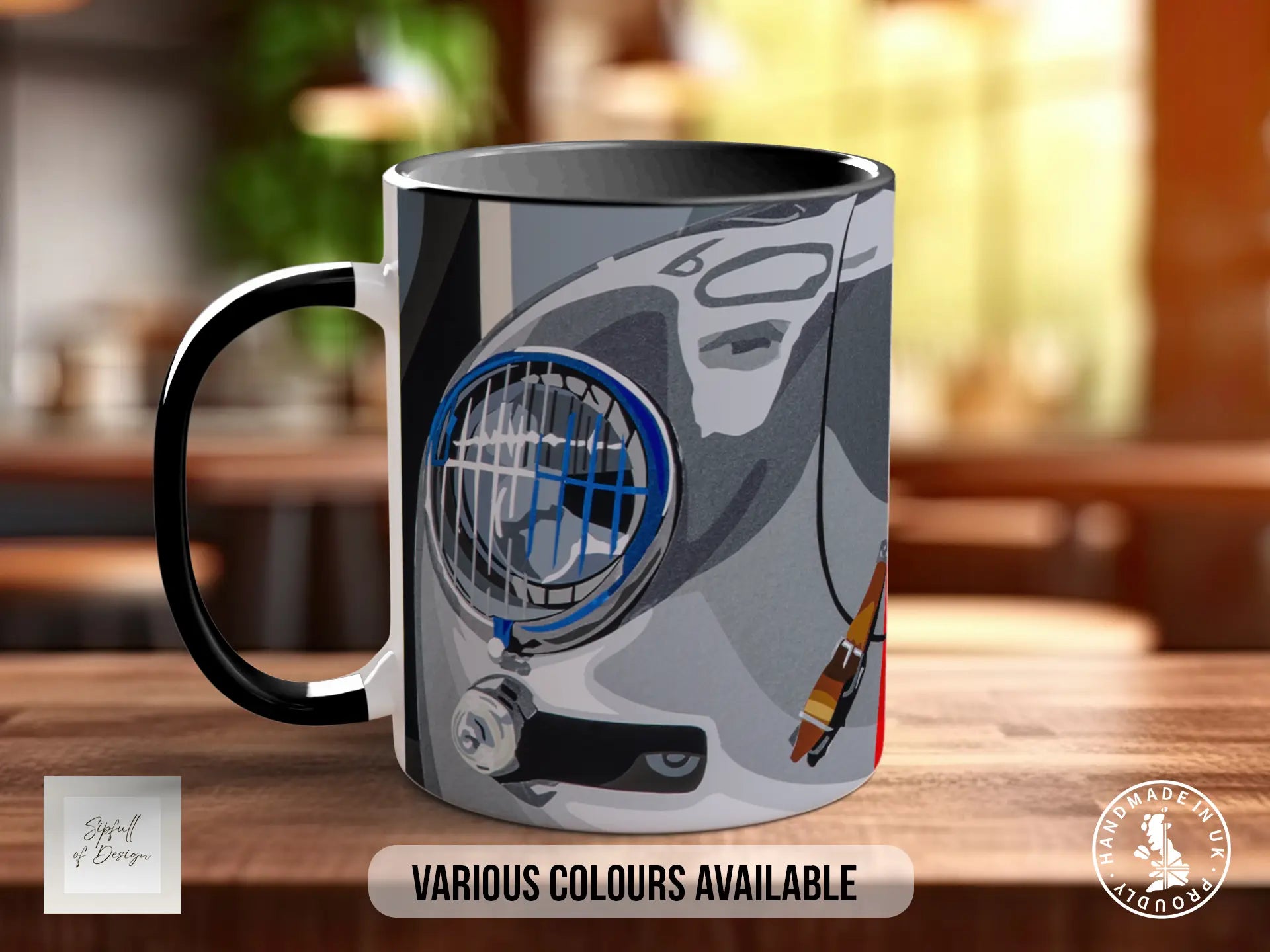 A black and white mug with a graphic design depicting a car's headlight and hood.