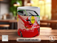 A red and white mug with a graphic of a car on it, placed on a wooden surface.