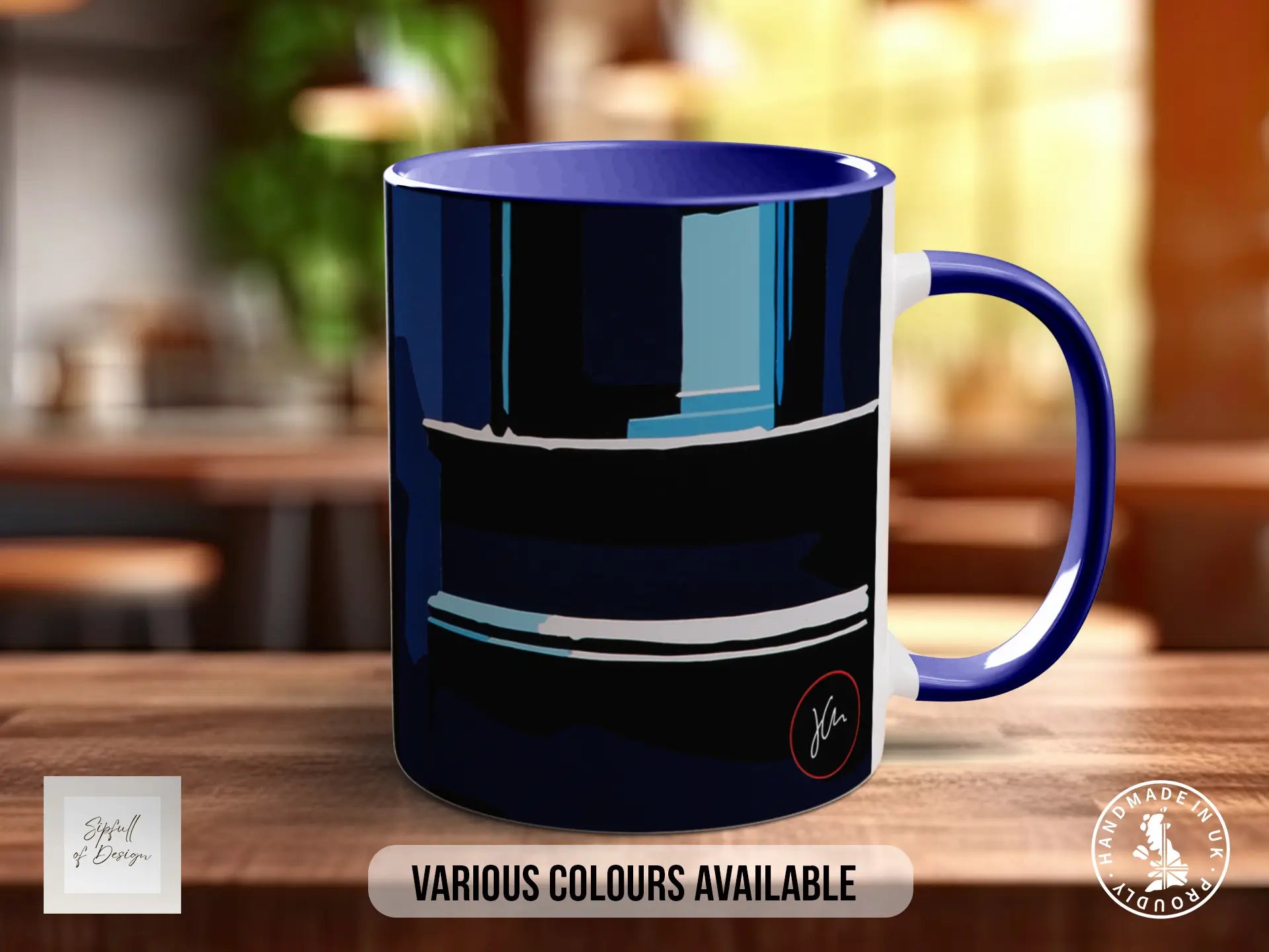 A blue and black mug with a graphic design on it, placed on a wooden surface.
