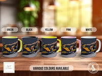 a collection of five colorful mugs, each with a different color and design, arranged on a wooden surface.
