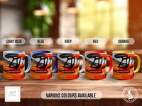 a collection of five colorful mugs, each with a unique design, arranged on a wooden surface.