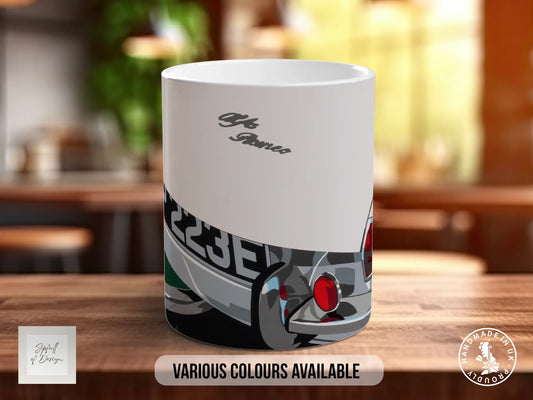 A white ceramic mug with a graphic design featuring a car and the text "2233E" printed on it, placed on a wooden surface.