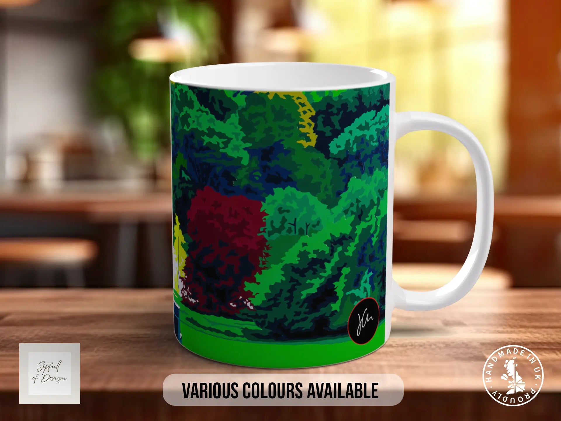 A colorful mug with a vibrant green and red design, placed on a wooden surface.