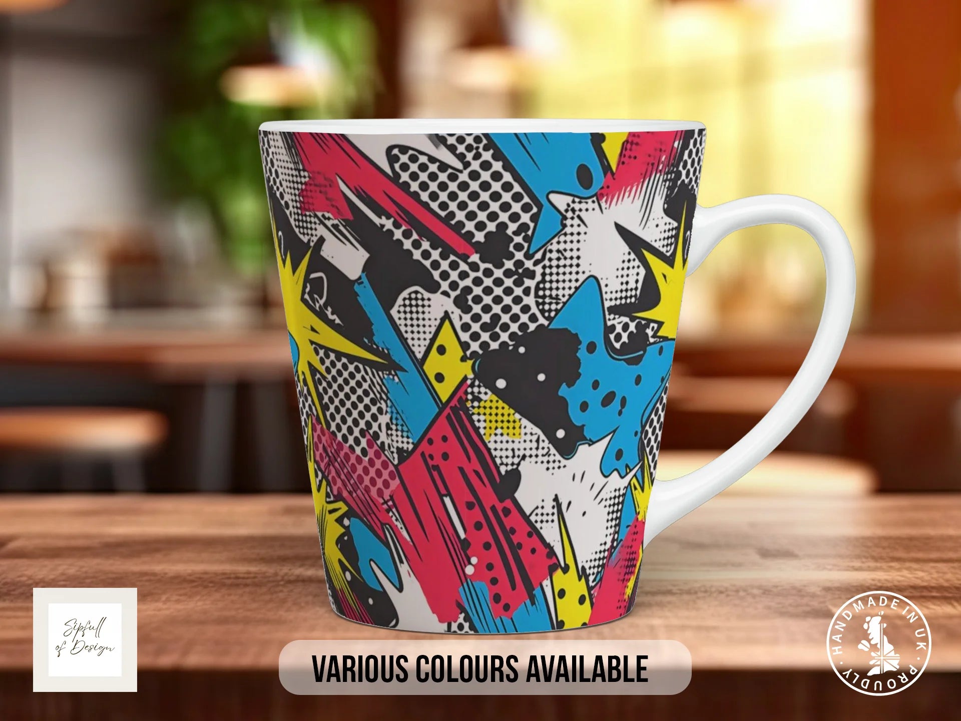 Comic Pop Full Wrap Mug – Design 11 | Comic Burst Sound Effects | Bold Art Mug 12oz Latte