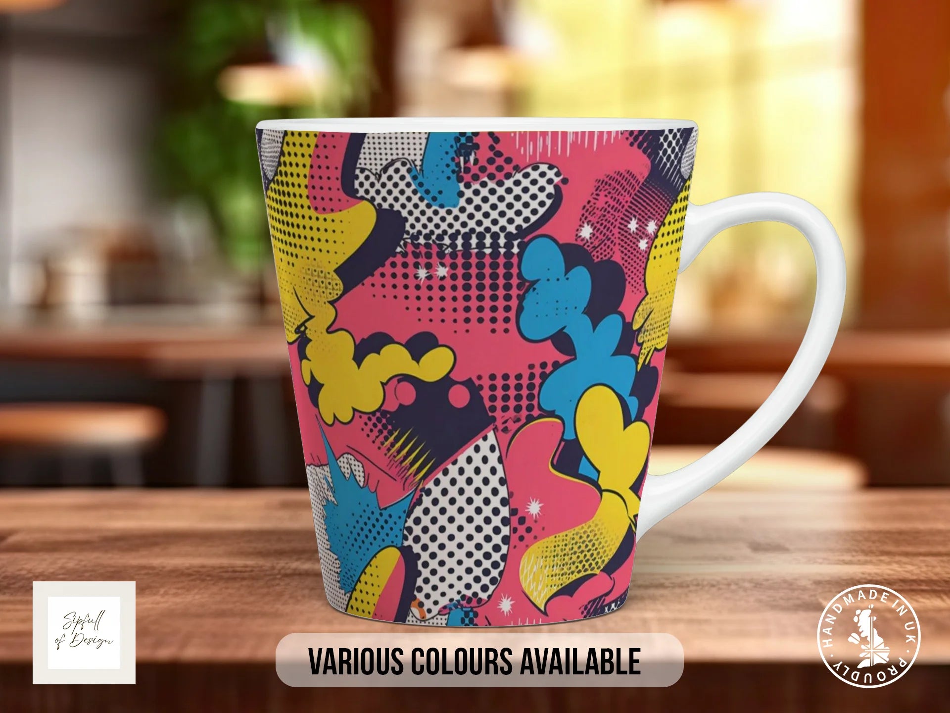 Comic Pop Full Wrap Mug – Design 6 | Lichtenstein Comic Clouds | Bold Art Mug 12oz Latte