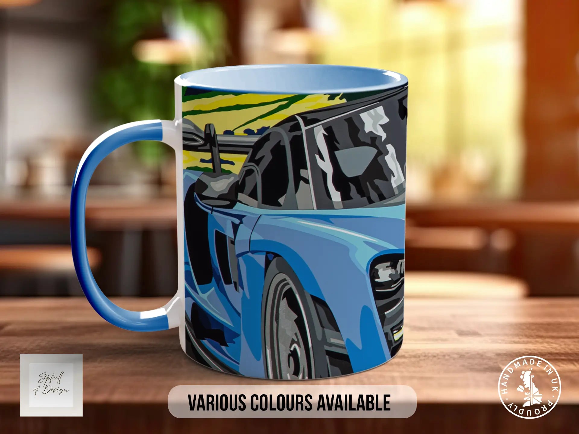 A blue and white mug with an illustration of a car on it, placed on a wooden surface.