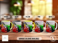 a collection of five colorful mugs, each with a different color and design, arranged on a wooden surface.