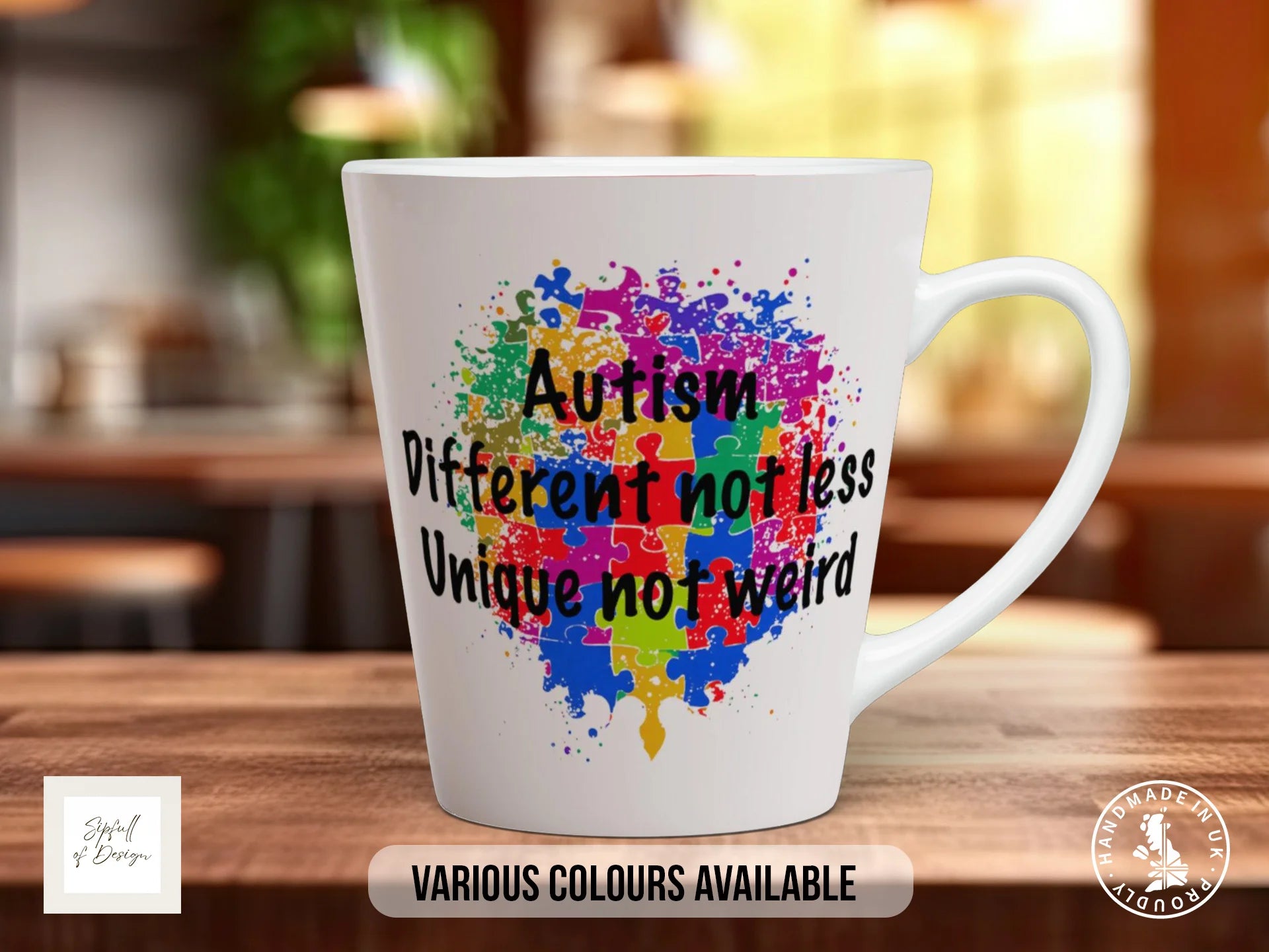 Autism Mug | Different Not Less, Unique Not Weird | Puzzle Heart Design 12oz Latte