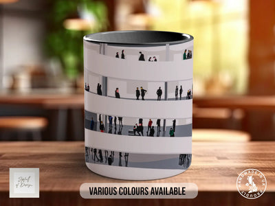 A white mug with a black interior, featuring a repeating pattern of silhouetted figures in different poses, such as walking, sitting, and standing.