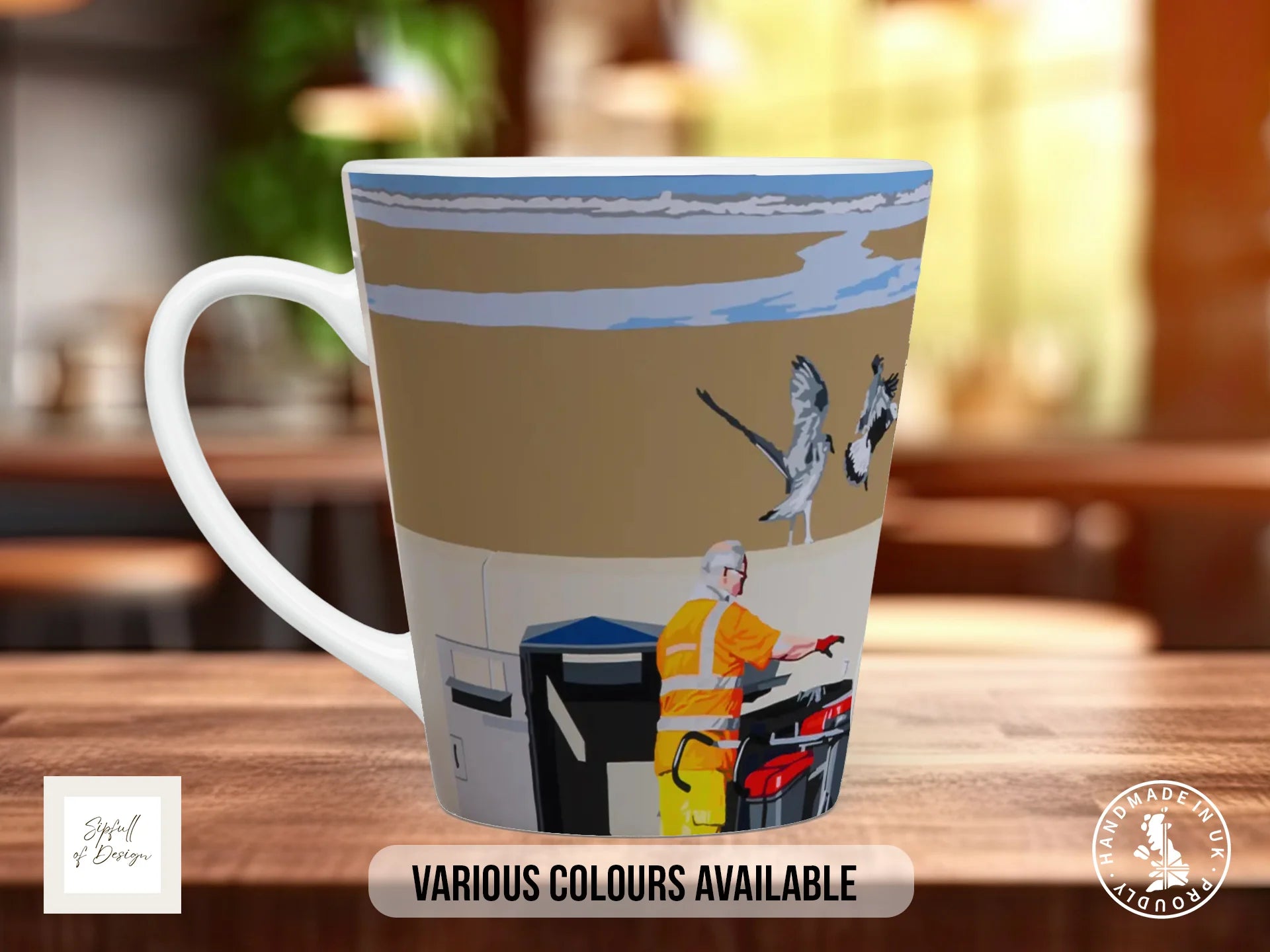Beach Bins 2 Mug | Joel Clark Signature Art | British Seaside Series 12oz Latte
