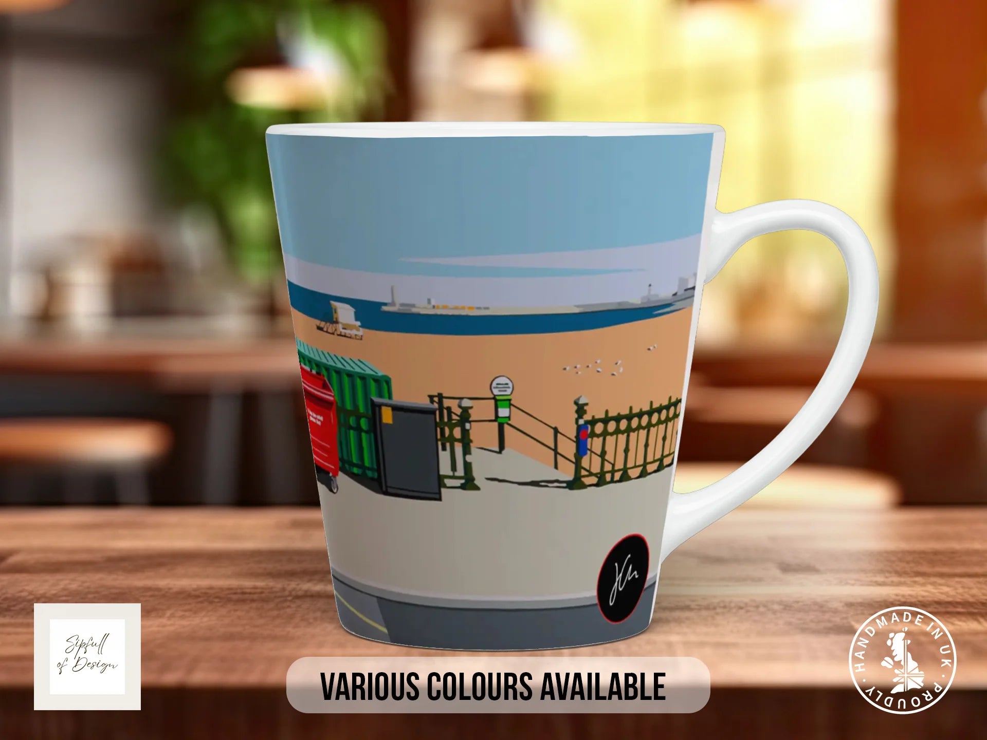 Beach Bins Mug | Joel Clark Signature Art | British Seaside Series 12oz Latte